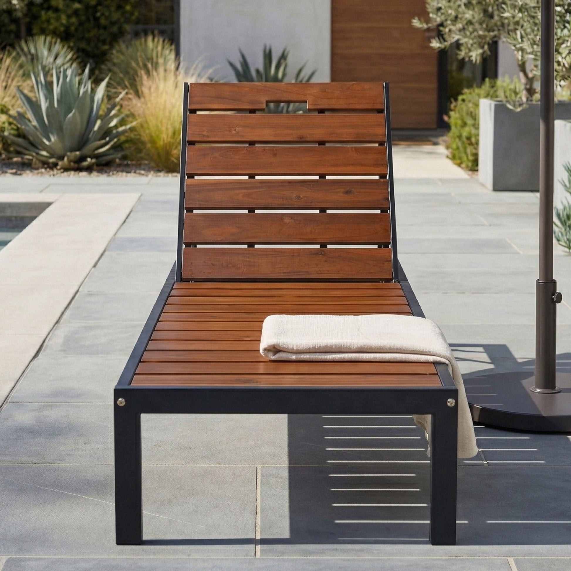 Outdoor Chaise With Adjustable Backrest sunlounger HouseOfZazla wood slats black frame on Tampa Home & Garden Store