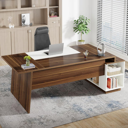 L-Shaped executive desk in walnut with white center panel, built-in storage cabinet and open shelves, laptop on Tampa Home & Garden Store