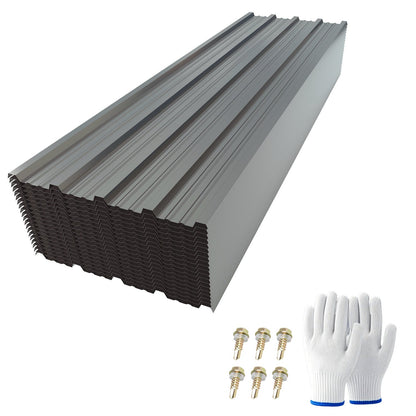 Galvanized steel corrugated roof panels by HouseOfZazla stack with screws and gloves on Tampa Home & Garden Store