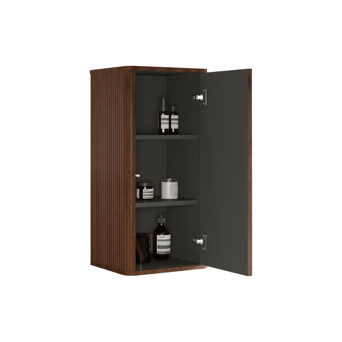 Striped walnut bathroom floating cabinet with push-open door, black interior linen cabinet on Tampa Home & Garden Store