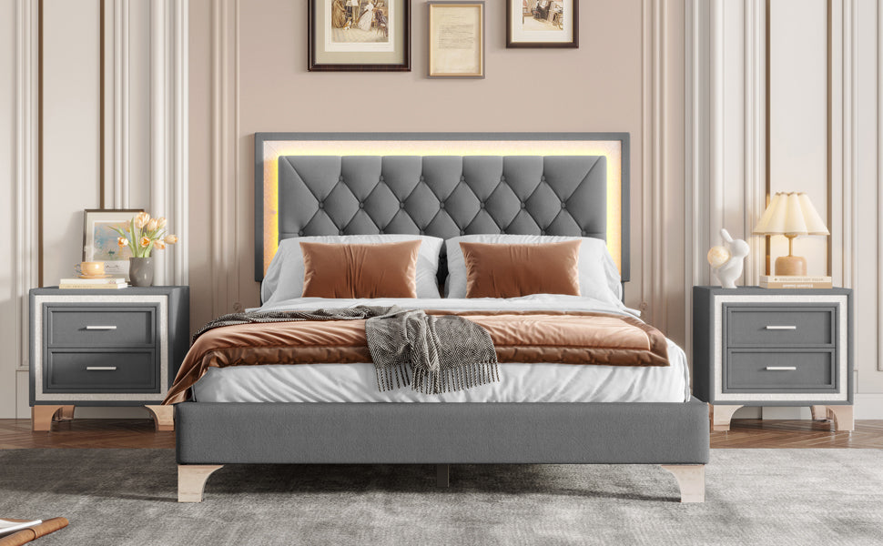 3-piece queen upholstered platform bed with LED-lit gray headboard and two nightstands on Tampa Home & Garden Store