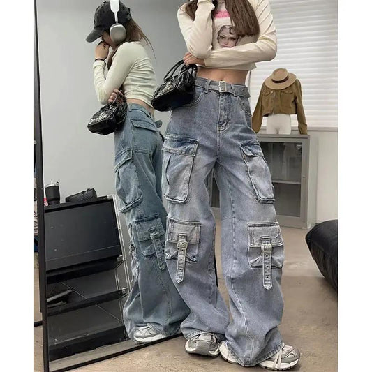 Autumn Multi-pocket Jeans cargo denim with buckles FLIPSTYLEZLLC wide-leg on Tampa Home & Garden Store