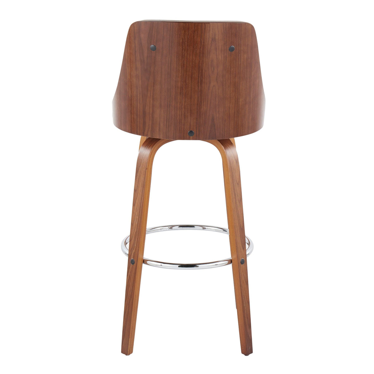 Mid-Century Modern swivel barstool in warm walnut finish with round chrome footrest on Tampa Home & Garden Store