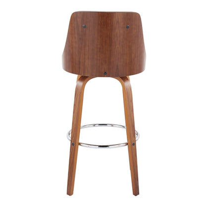 Mid-Century Modern swivel barstool in warm walnut finish with round chrome footrest on Tampa Home & Garden Store