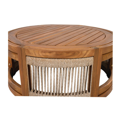 27.95-inch round acacia wood outdoor coffee table by HouseOfZazla with handwoven rope fringe on Tampa Home & Garden Store