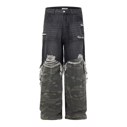 Men's camouflage wide-leg jeans by FLIPSTYLEZLLC, black distressed denim with camo panels on Tampa Home & Garden Store
