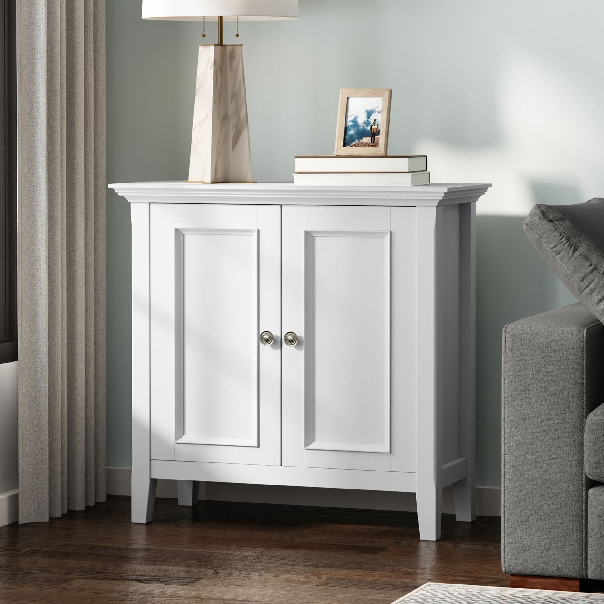 Amherst Handcrafted Low Storage Cabinet white painted wood paneled doors HouseOfZazla on Tampa Home & Garden Store