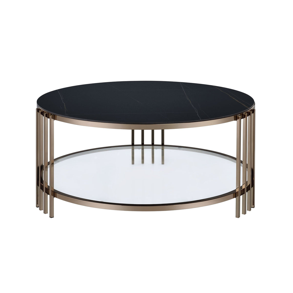 Abisha sintered stone round coffee table with lower shelf black brass frame by HouseOfZazla on Tampa Home & Garden Store