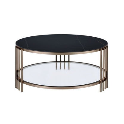 Abisha sintered stone round coffee table with lower shelf black brass frame by HouseOfZazla on Tampa Home & Garden Store