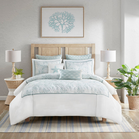 White King Duvet Cover Mini Set with Seashell Pattern by HouseOfZazla, pale blue seashell motif on Tampa Home & Garden Store