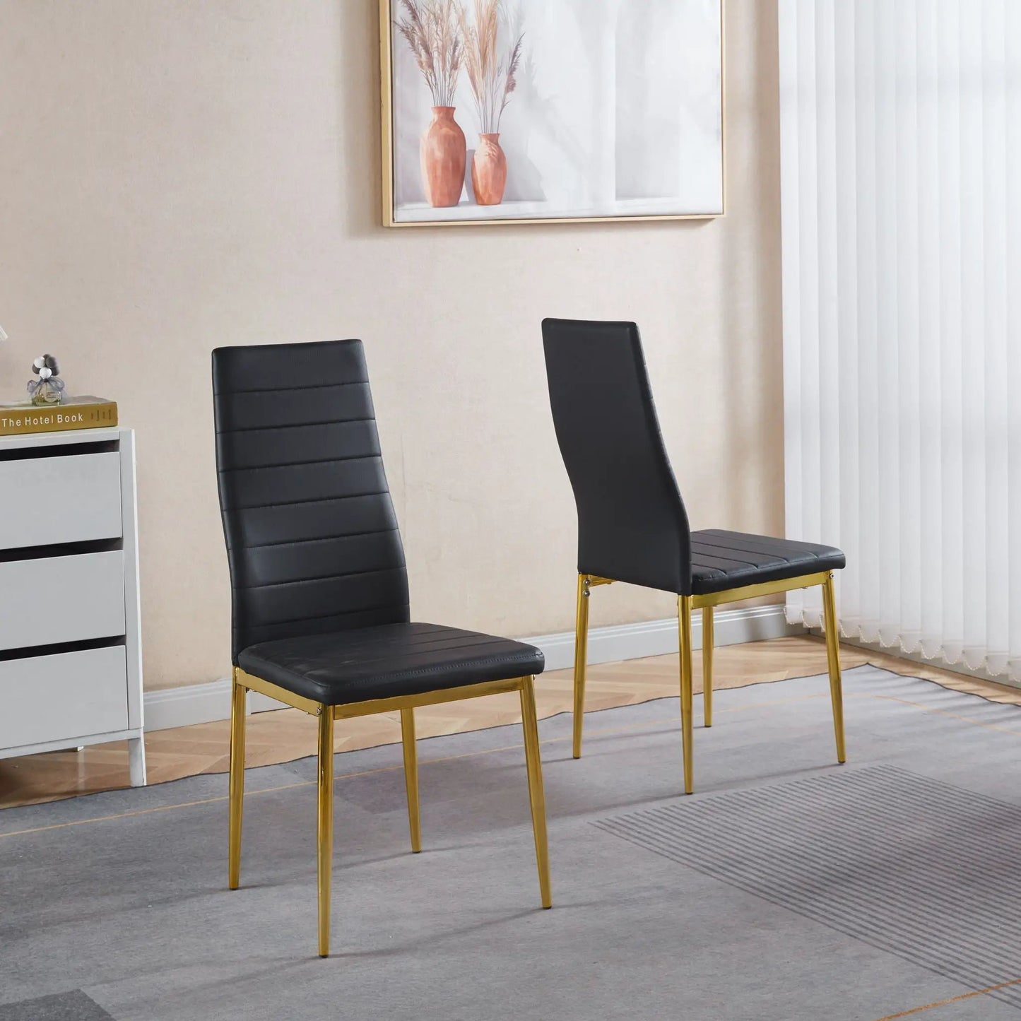 Elegant Legs Dining Chair 4pc set, black faux-leather with gold legs in dining room on Tampa Home & Garden Store