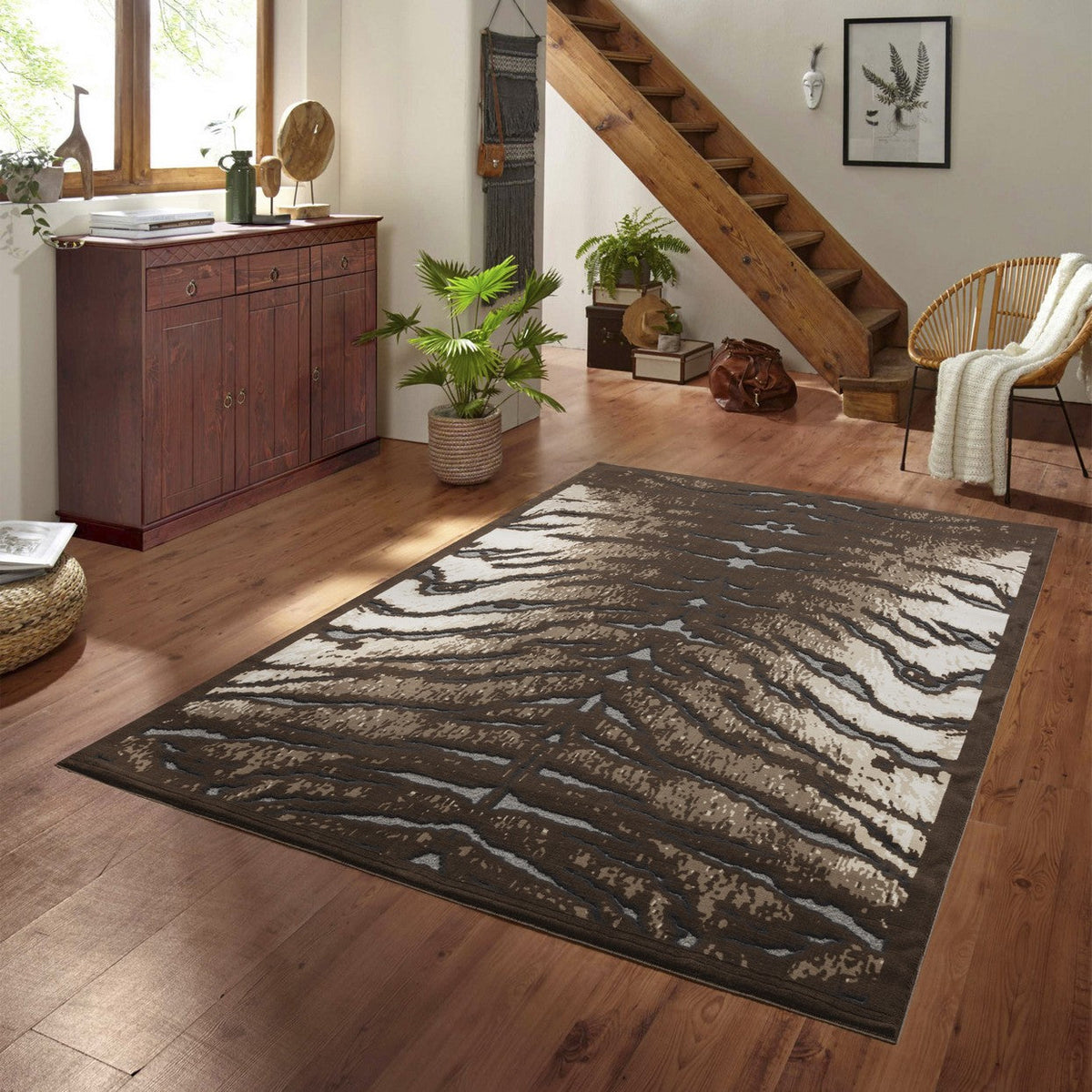 Cowhide patterned area rug in brown and cream, low pile, HouseOfZazla rug on Tampa Home & Garden Store