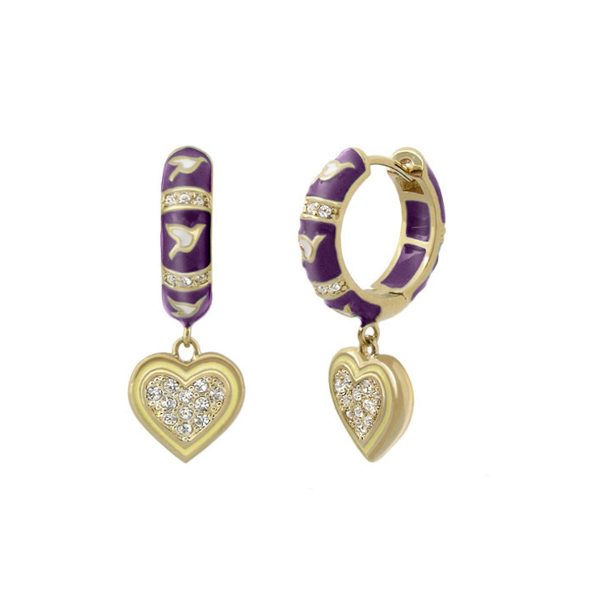 Peace and Dove Earrings by Lauren G Adams, purple enamel hoops with gold trim crystal heart on Tampa Home & Garden Store