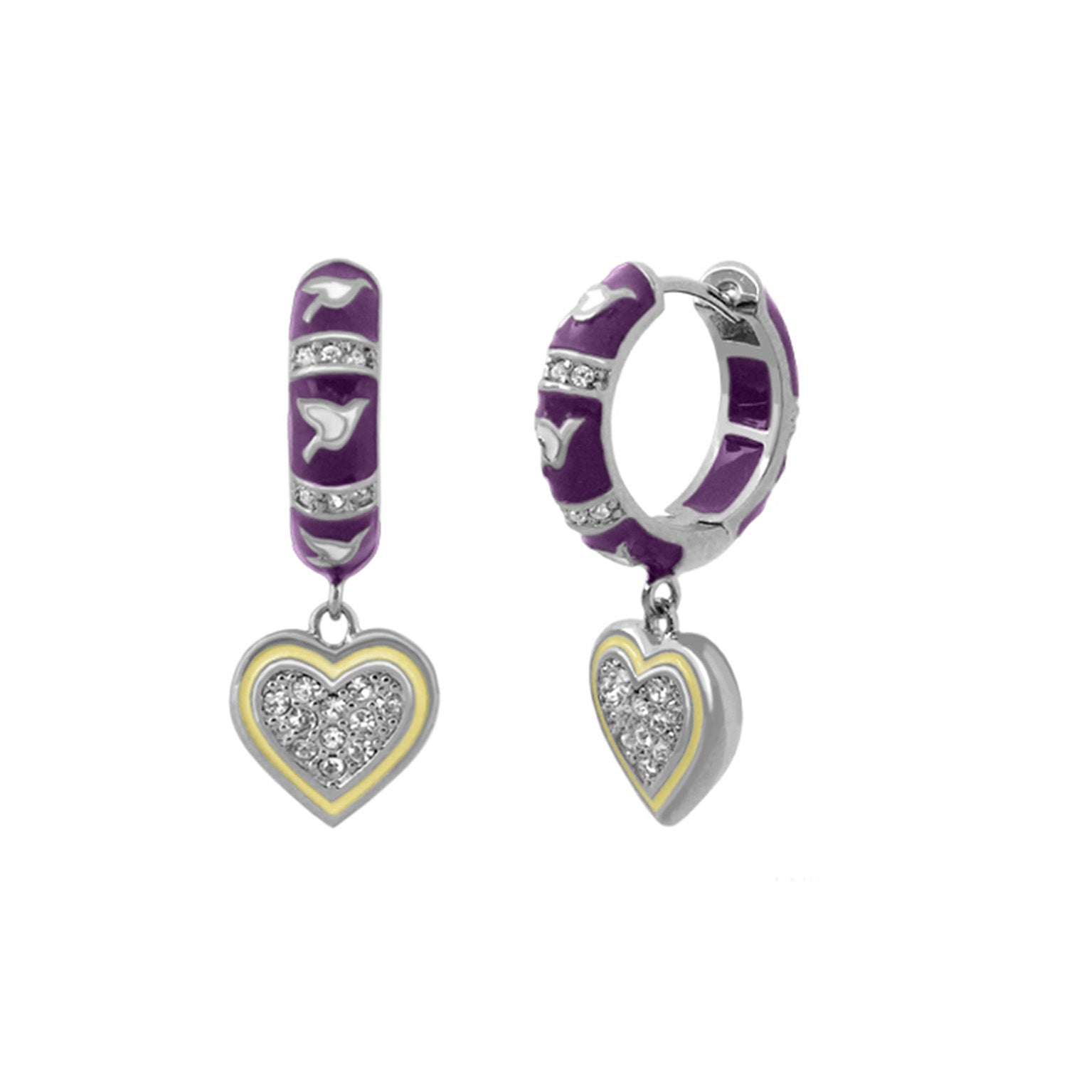 Peace and Dove Earrings by Lauren G Adams, purple enamel hoops with dove motifs, crystal bands and heart pendants on Tampa Home & Garden Store