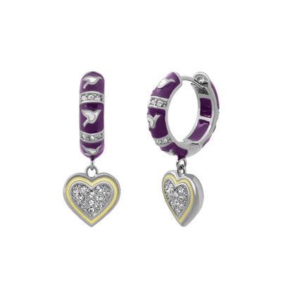 Peace and Dove Earrings by Lauren G Adams, purple enamel hoops with dove motifs, crystal bands and heart pendants on Tampa Home & Garden Store
