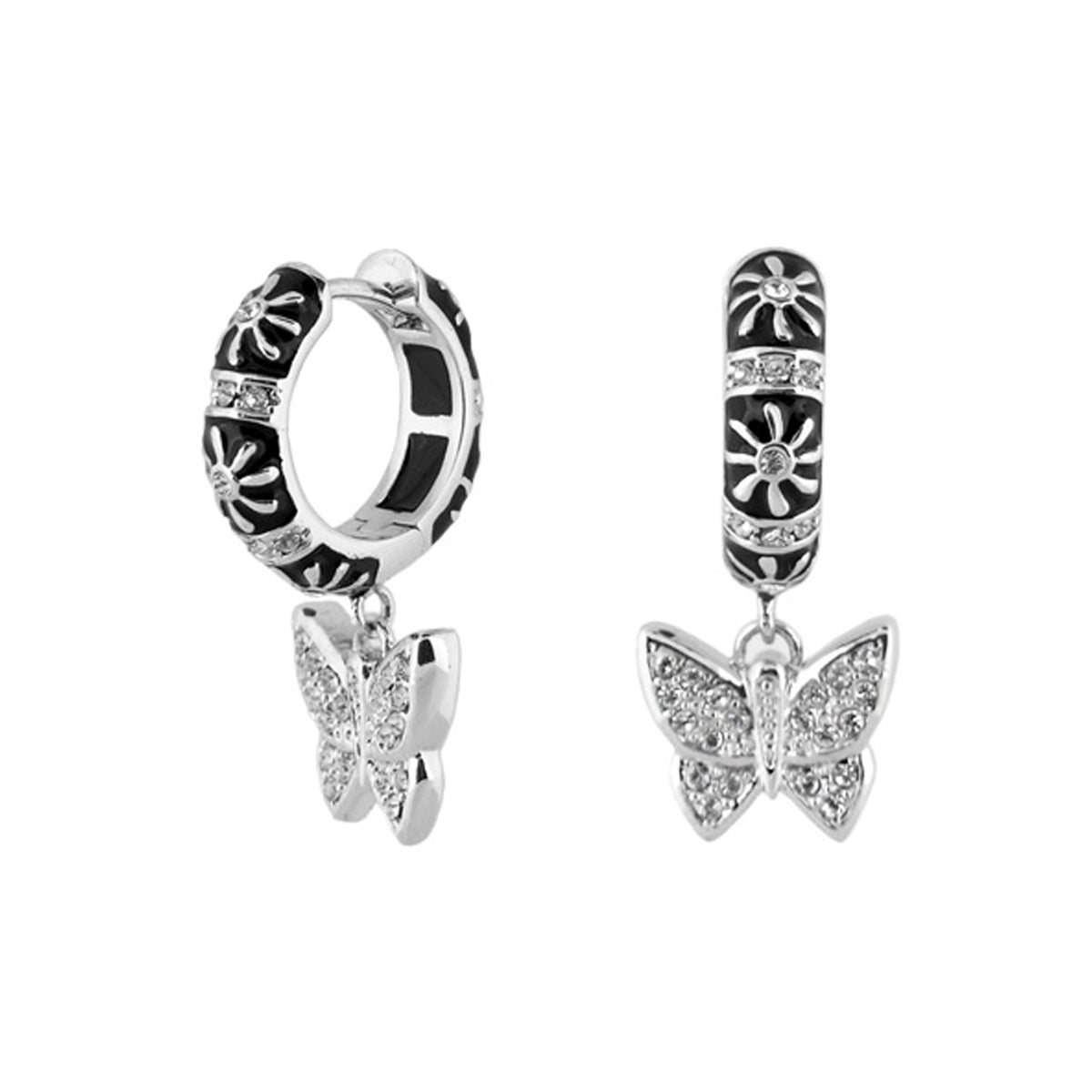 Charming 2 Earrings Butterfly Drop hoops with black enamel and crystal butterflies on Tampa Home & Garden Store