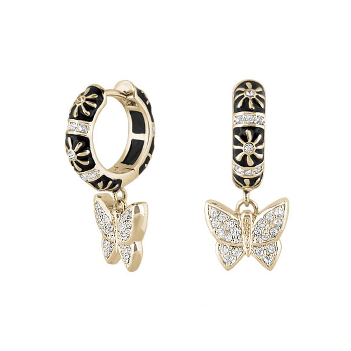 Charming 2 Earrings Butterfly Drop gold-tone hoops with black enamel and butterfly charms on Tampa Home & Garden Store