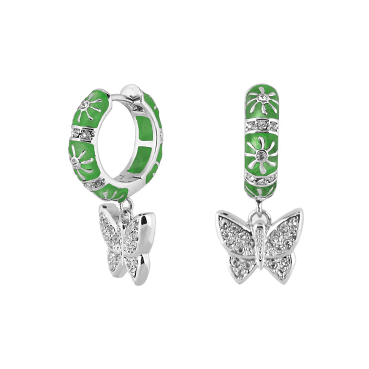 Charming 2 Earrings Butterfly Drop green enamel hoops with crystal accents on Tampa Home & Garden Store