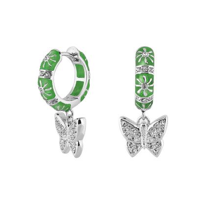 Charming 2 Earrings Butterfly Drop green enamel hoops with crystal accents on Tampa Home & Garden Store