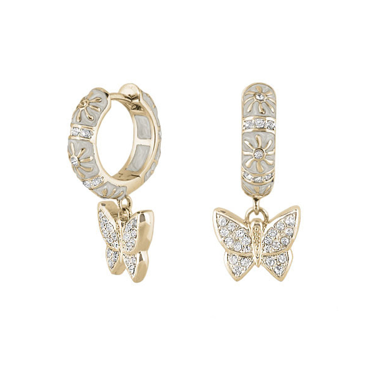 Charming 2 Earrings Butterfly Drop, gold-tone hoops with crystal butterfly charms on Tampa Home & Garden Store
