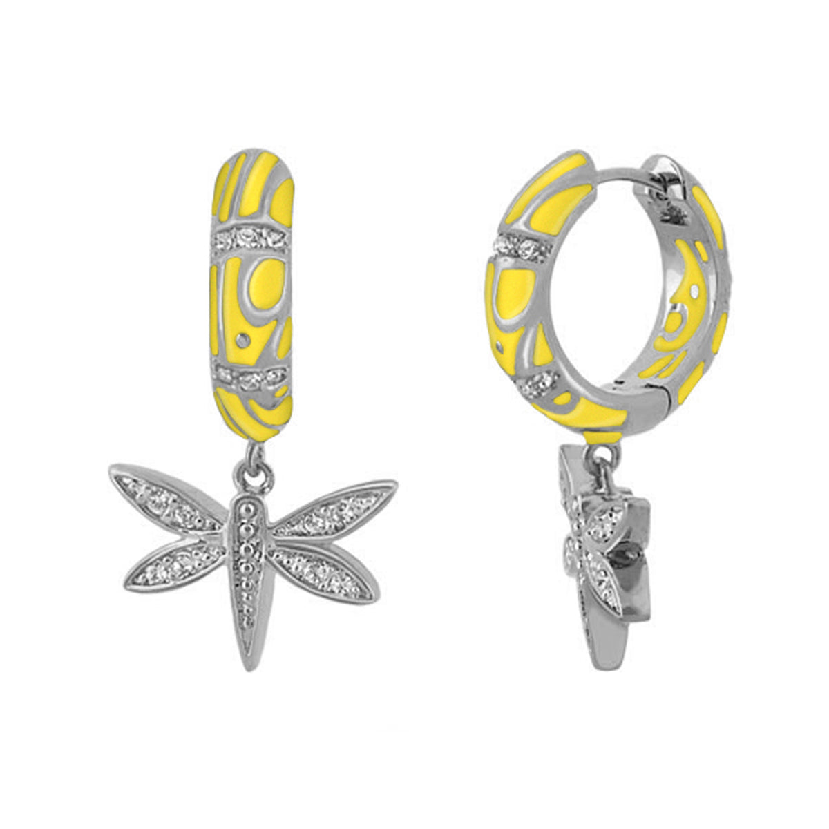 Charming 2 Dragonfly Drop earrings yellow enamel hoop with silver dragonfly charm on Tampa Home & Garden Store