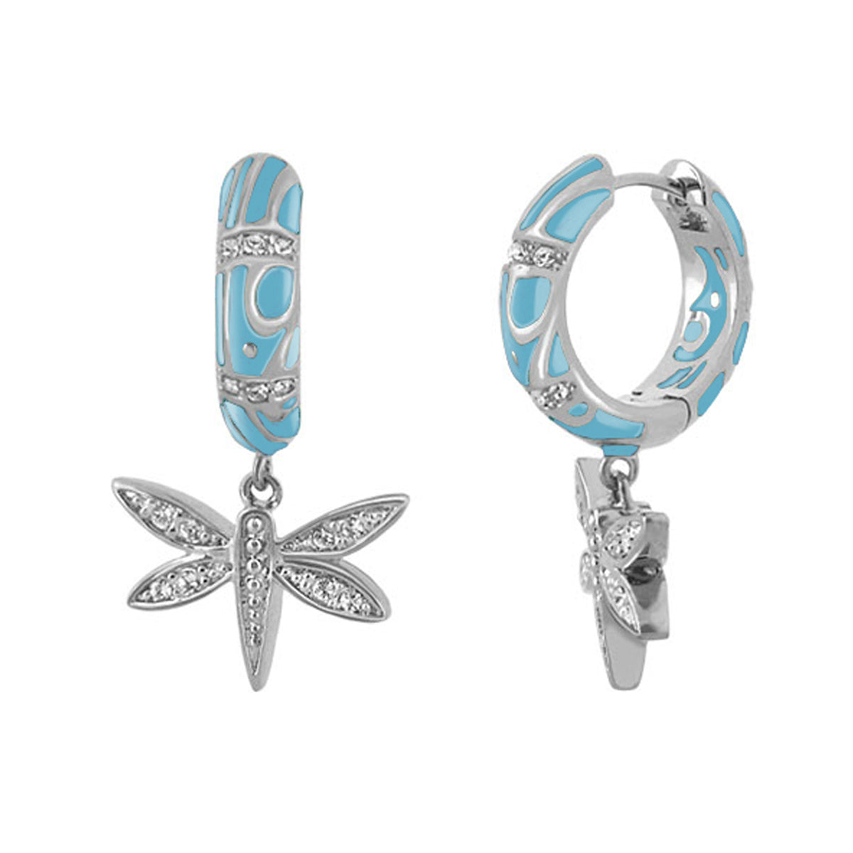 Charming 2 Earrings Dragonfly Drop turquoise enamel silver hoops with crystal charms on Tampa Home & Garden Store