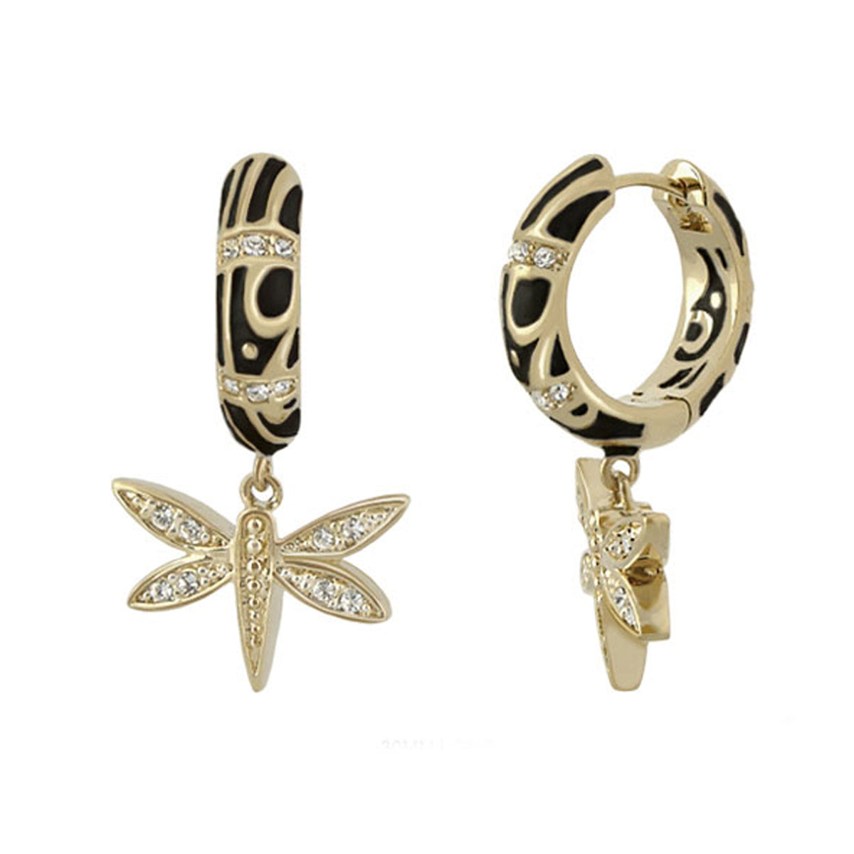 Dragonfly Drop Earrings by Lauren G Adams, gold-tone hoops with black and crystals on Tampa Home & Garden Store