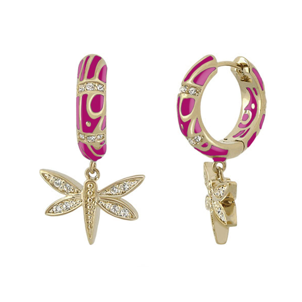 Pair of dragonfly drop earrings by Lauren G Adams, gold-tone pink enamel with crystals on Tampa Home & Garden Store