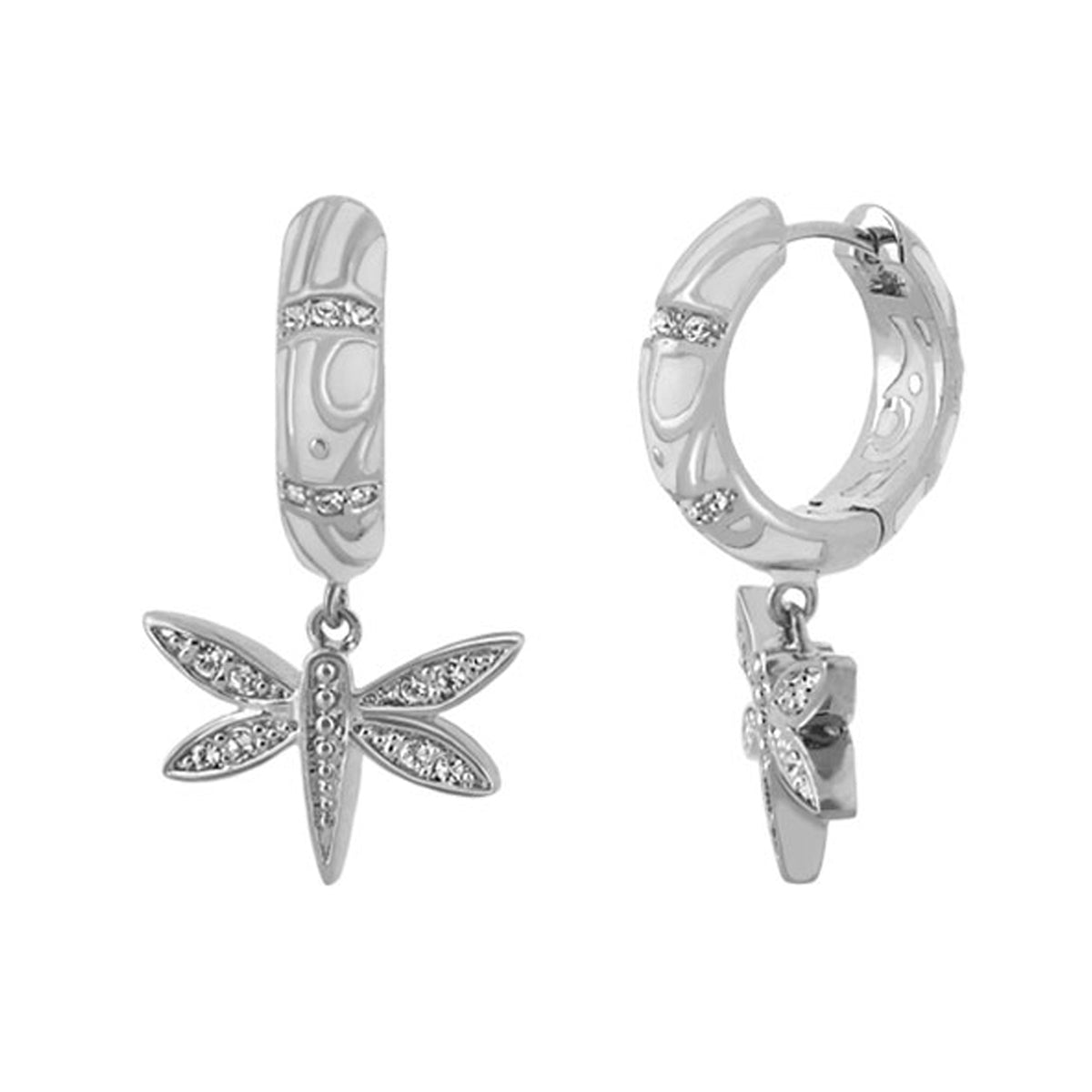 Charming 2 Earrings Dragonfly Drop by Lauren G Adams, silver-tone hoops with crystal-embellished dragonfly charms on Tampa Home & Garden Store