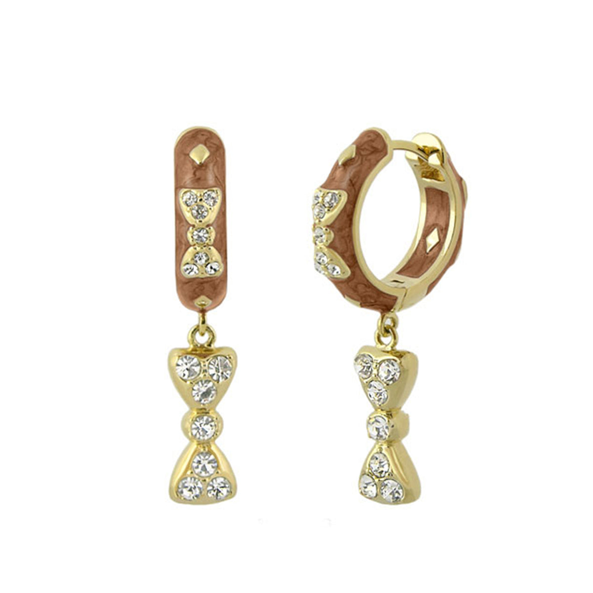 Charming 2 Earrings Bow Drop by Lauren G Adams; gold-tone with crystal bow drops on brown textured bar on Tampa Home & Garden Store