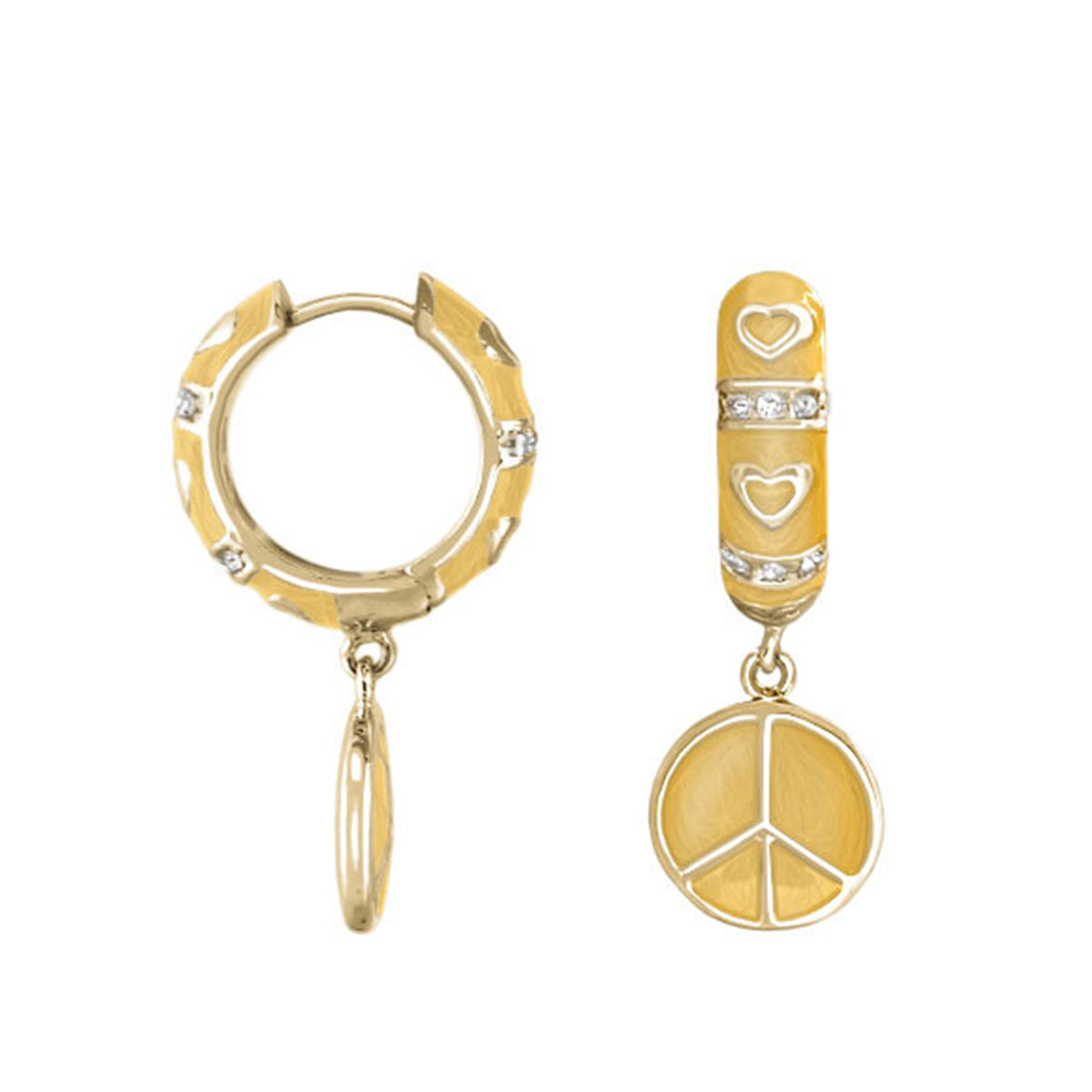 Charming 2 Earrings Peace Sign Drop by Lauren G Adams, gold-tone hoops bar with hearts on Tampa Home & Garden Store
