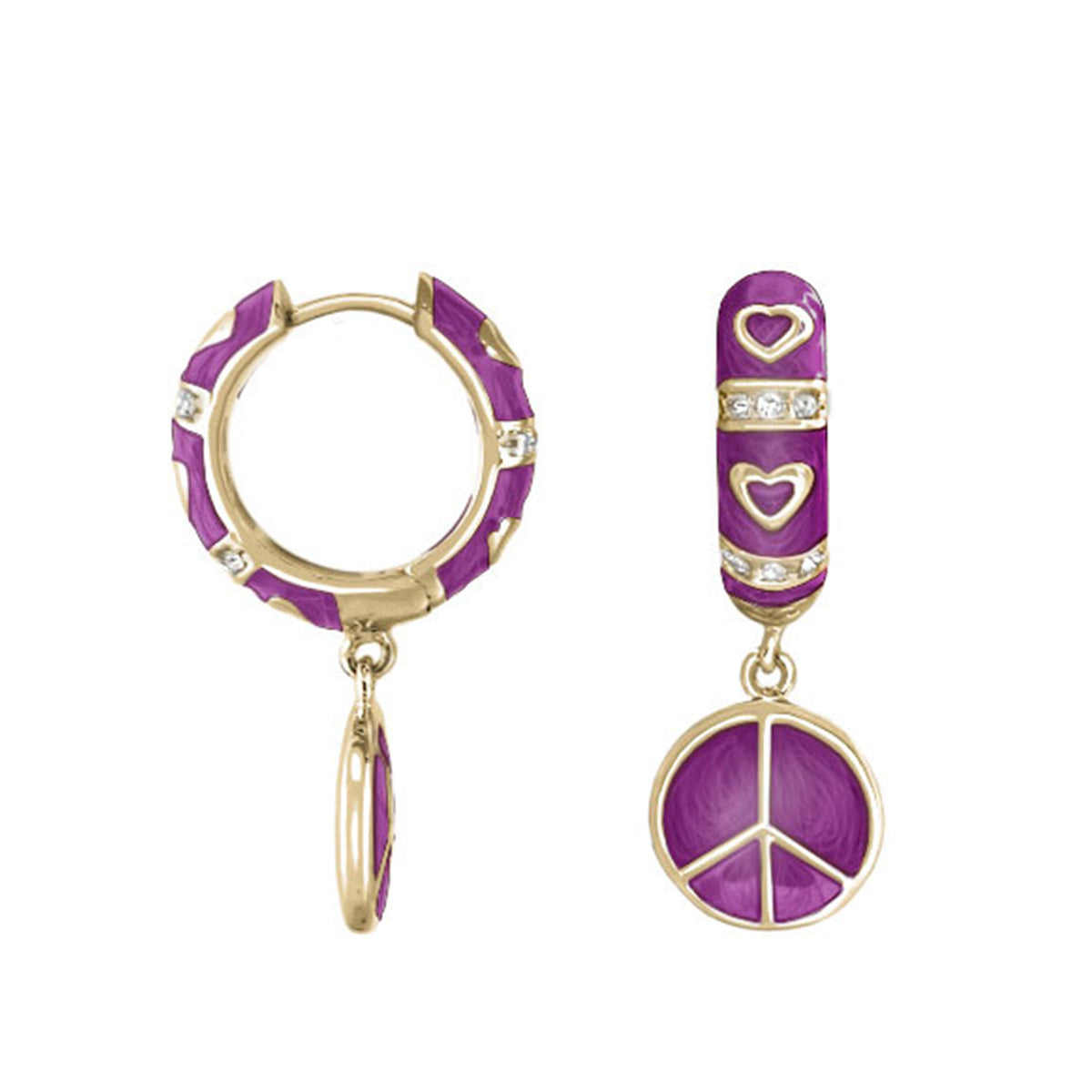 Charming 2 Earrings Peace Sign Drop pair in purple enamel with gold-tone and crystal accents on Tampa Home & Garden Store