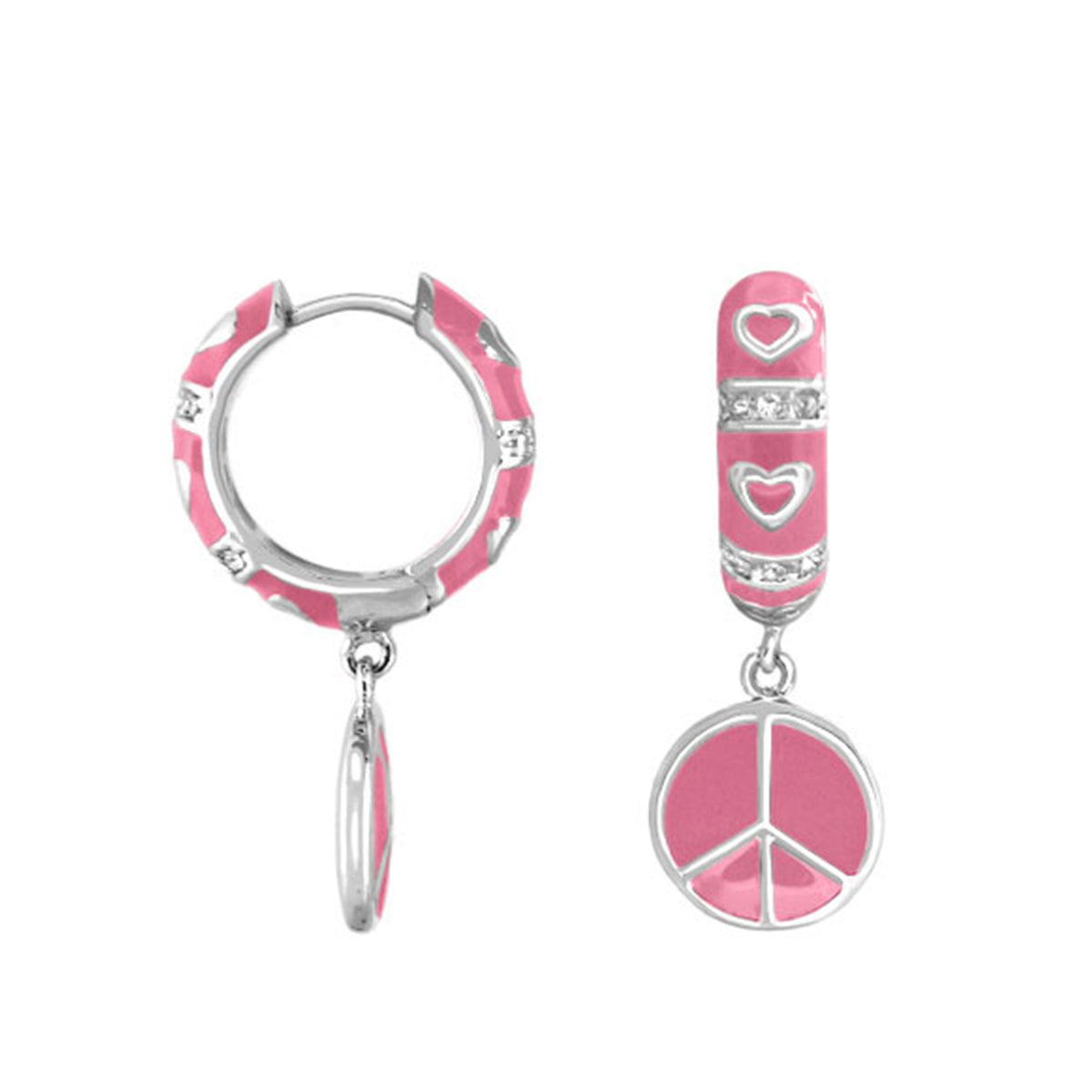 Charming 2 Earrings Peace Sign Drop pink enamel hoops and bar with hearts on Tampa Home & Garden Store