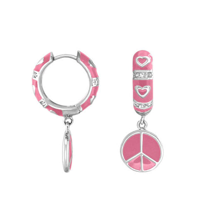 Charming 2 Earrings Peace Sign Drop pink enamel hoops and bar with hearts on Tampa Home & Garden Store