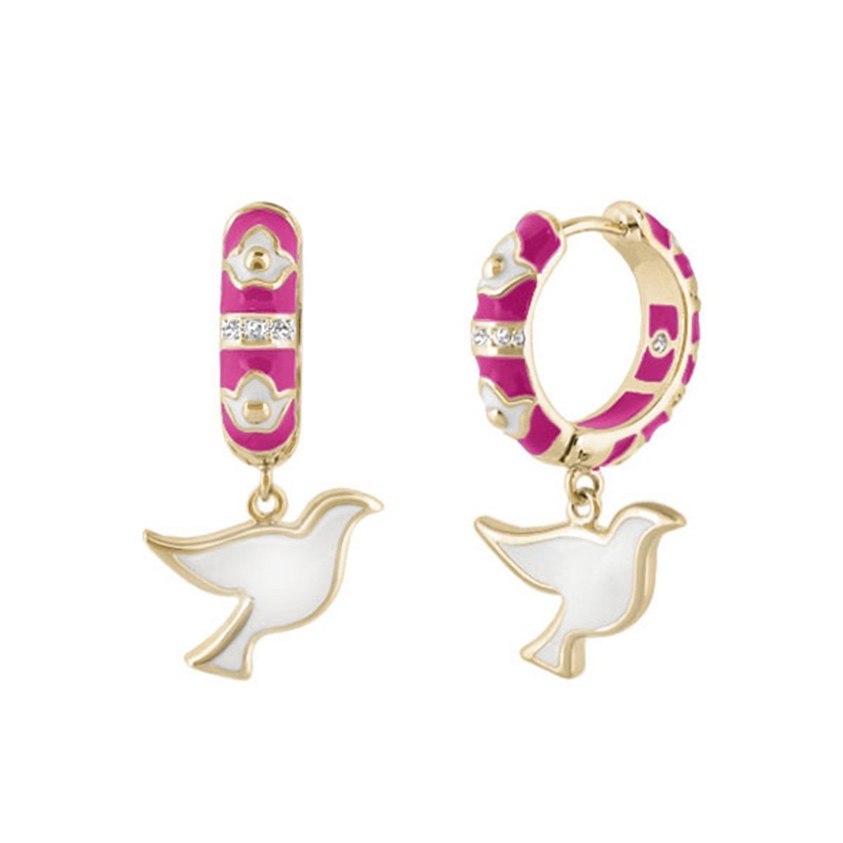 Peace and Dove Earrings pair with pink enamel, white dove charms, crystals and gold-tone hoops on Tampa Home & Garden Store