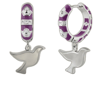 Peace and Dove Earrings purple enamel silver-tone hoops with dove motif on Tampa Home & Garden Store