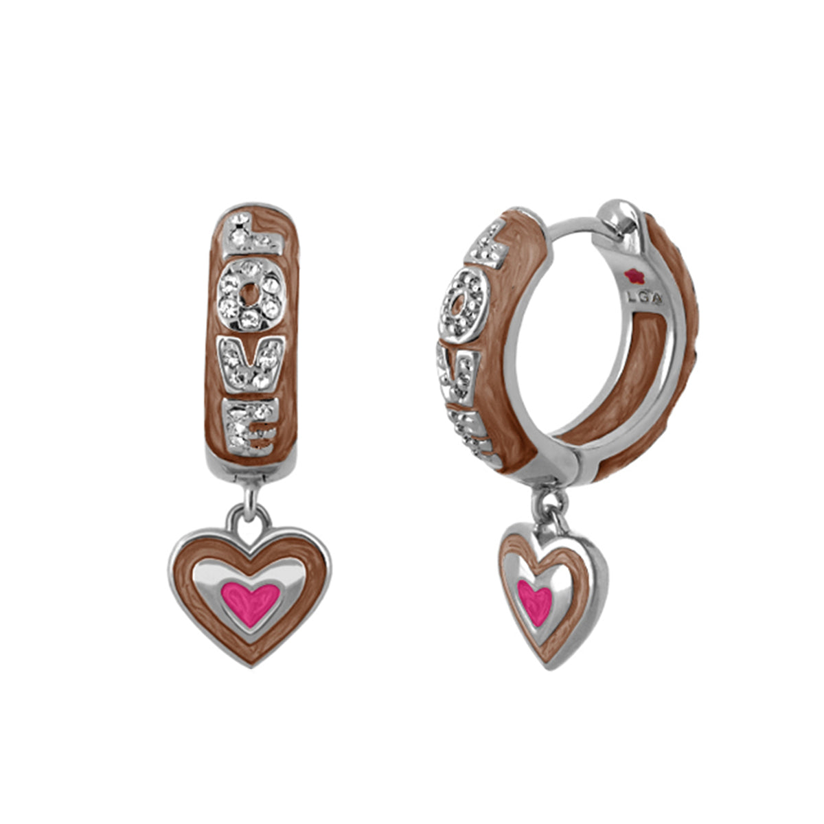 Charming 2 Open Heart Drop earrings, brown wood-tone hoops with crystals and pink heart charms on Tampa Home & Garden Store