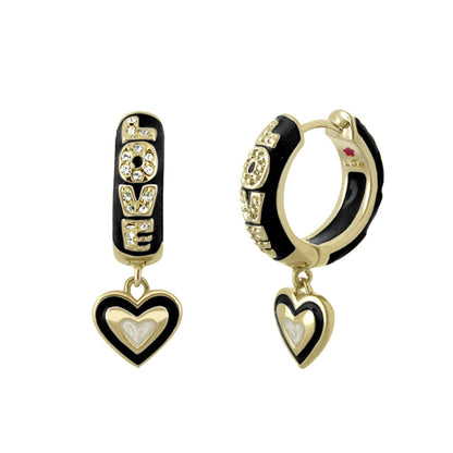Charming 2 Earrings Open Heart Drop by Lauren G Adams, gold-tone hoops with black enamel, heart charm on Tampa Home & Garden Store
