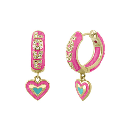 Charming 2 Earrings Open Heart Drop pink enamel hoops with crystals and heart charm LG Adams on Tampa Home & Garden Store