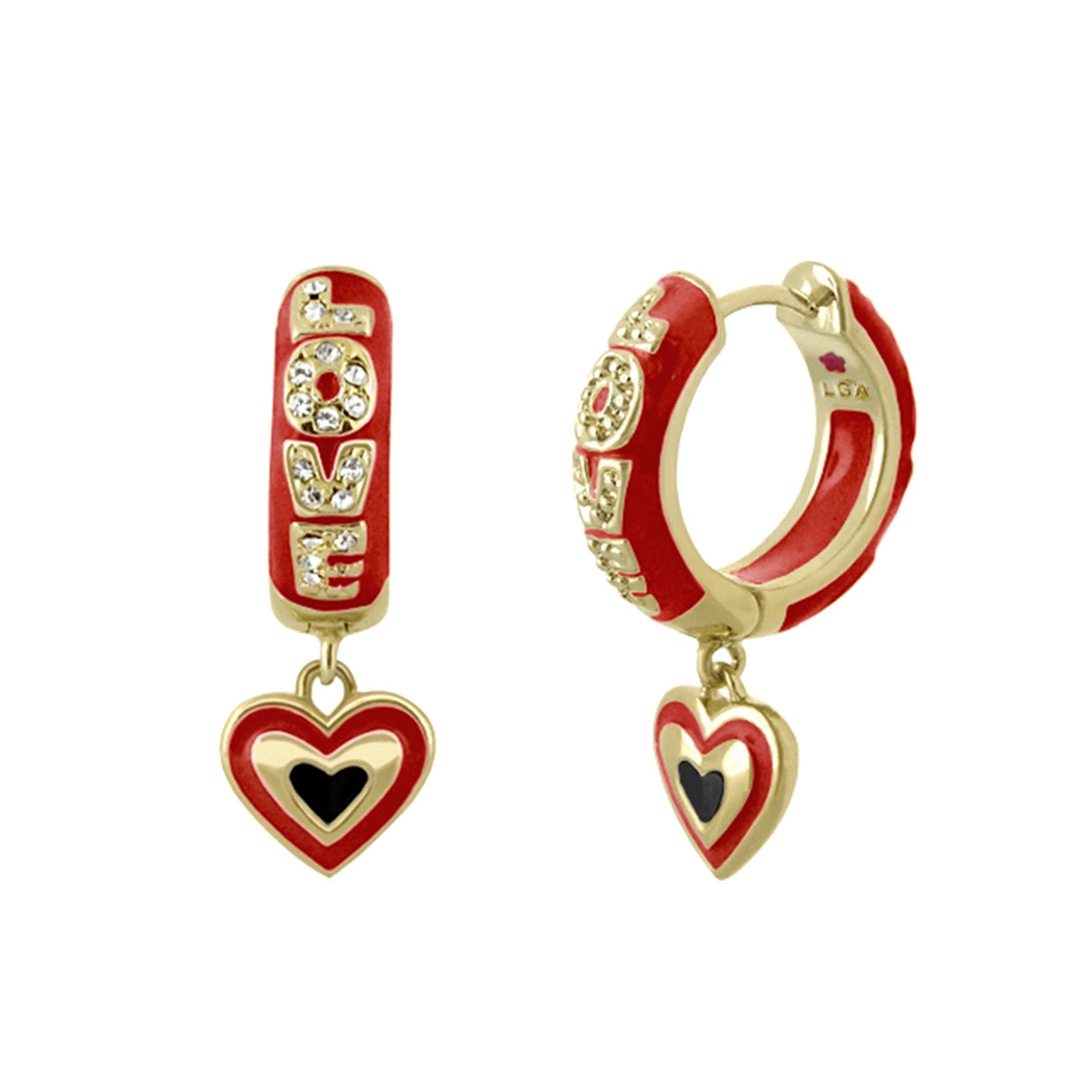Charming 2 Earrings Open Heart Drop LGA red enamel hoops with crystals and heart charm on Tampa Home & Garden Store