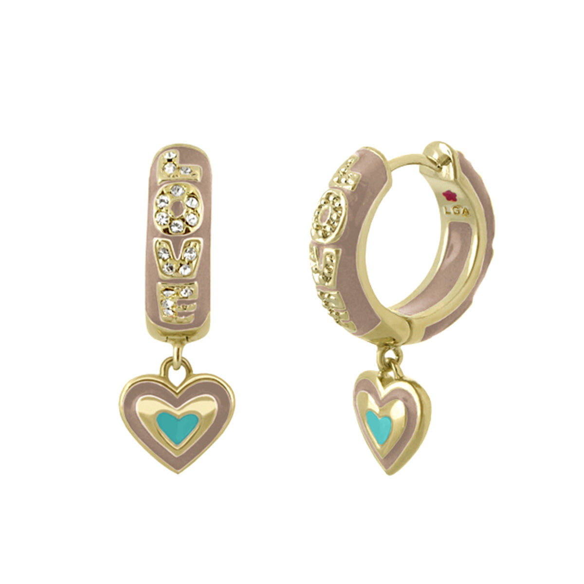 Lauren G Adams pair of open heart drop earrings, gold-tone, pink enamel, turquoise heart on Tampa Home & Garden Store