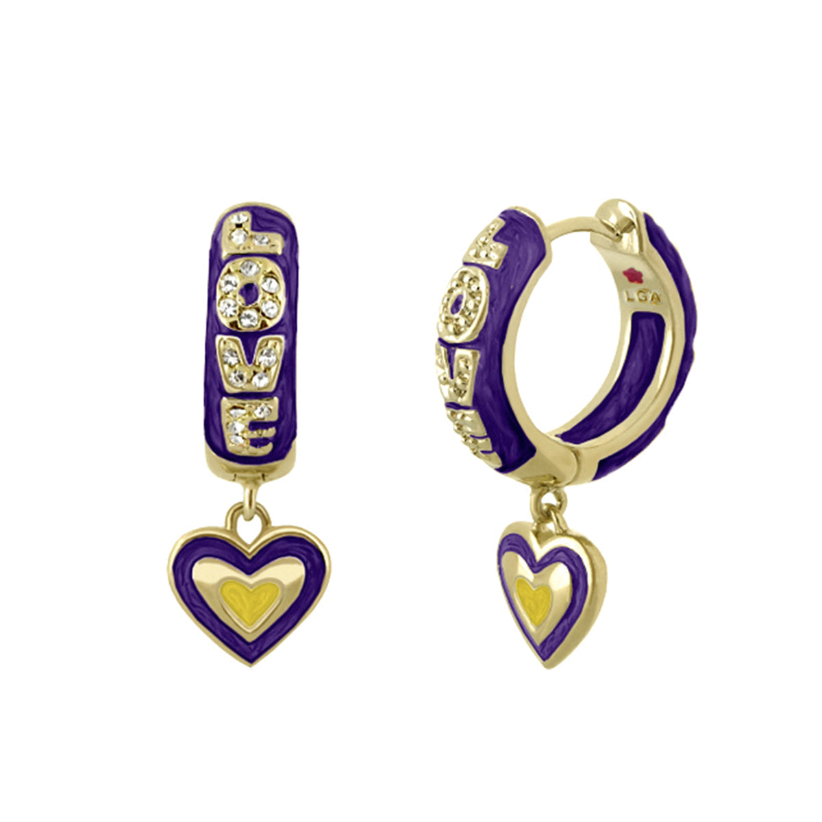 Charming 2 Open Heart Drop earrings by Lauren G Adams, purple enamel hoops with crystals on Tampa Home & Garden Store