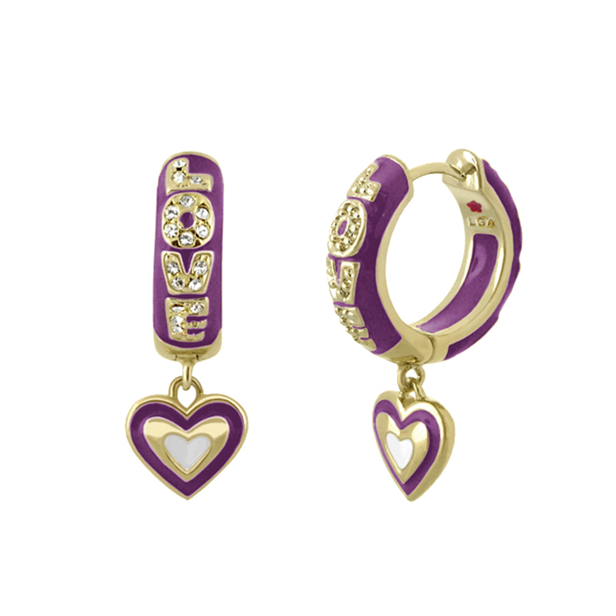 Charming 2 Earrings Open Heart Drop purple enamel gold-tone hoops with heart charm LGA on Tampa Home & Garden Store