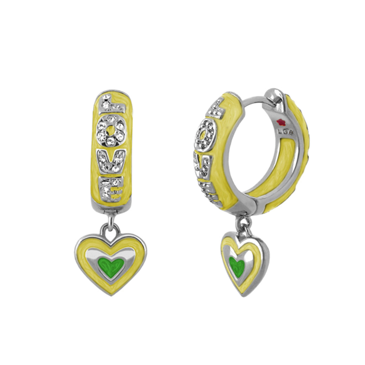 Charming 2 Earrings Open Heart Drop yellow enamel hoops with crystals and green heart charm LGA on Tampa Home & Garden Store