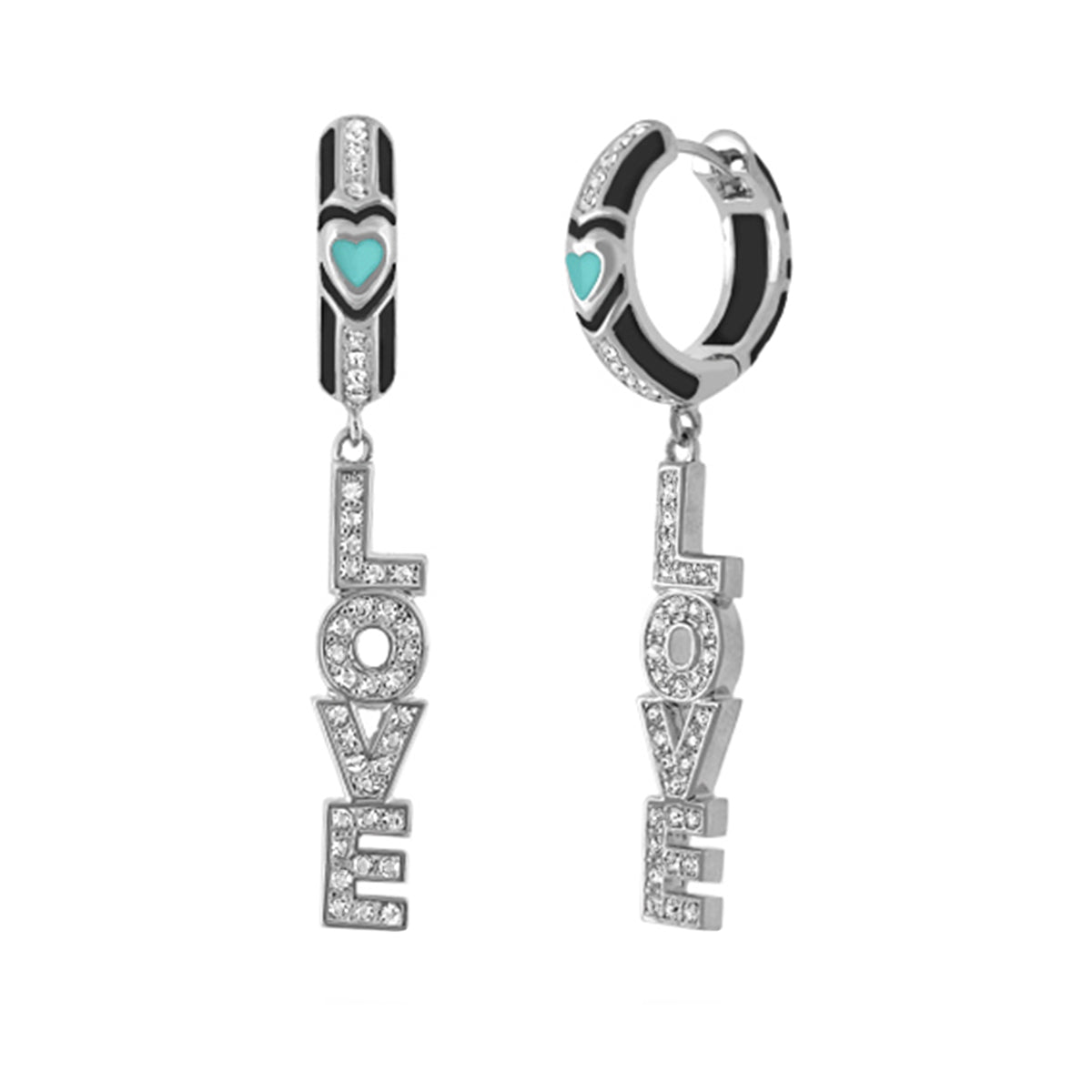 Love Letter Drop pair earrings by Lauren G Adams, silver L O V E with turquoise heart on hoop on Tampa Home & Garden Store