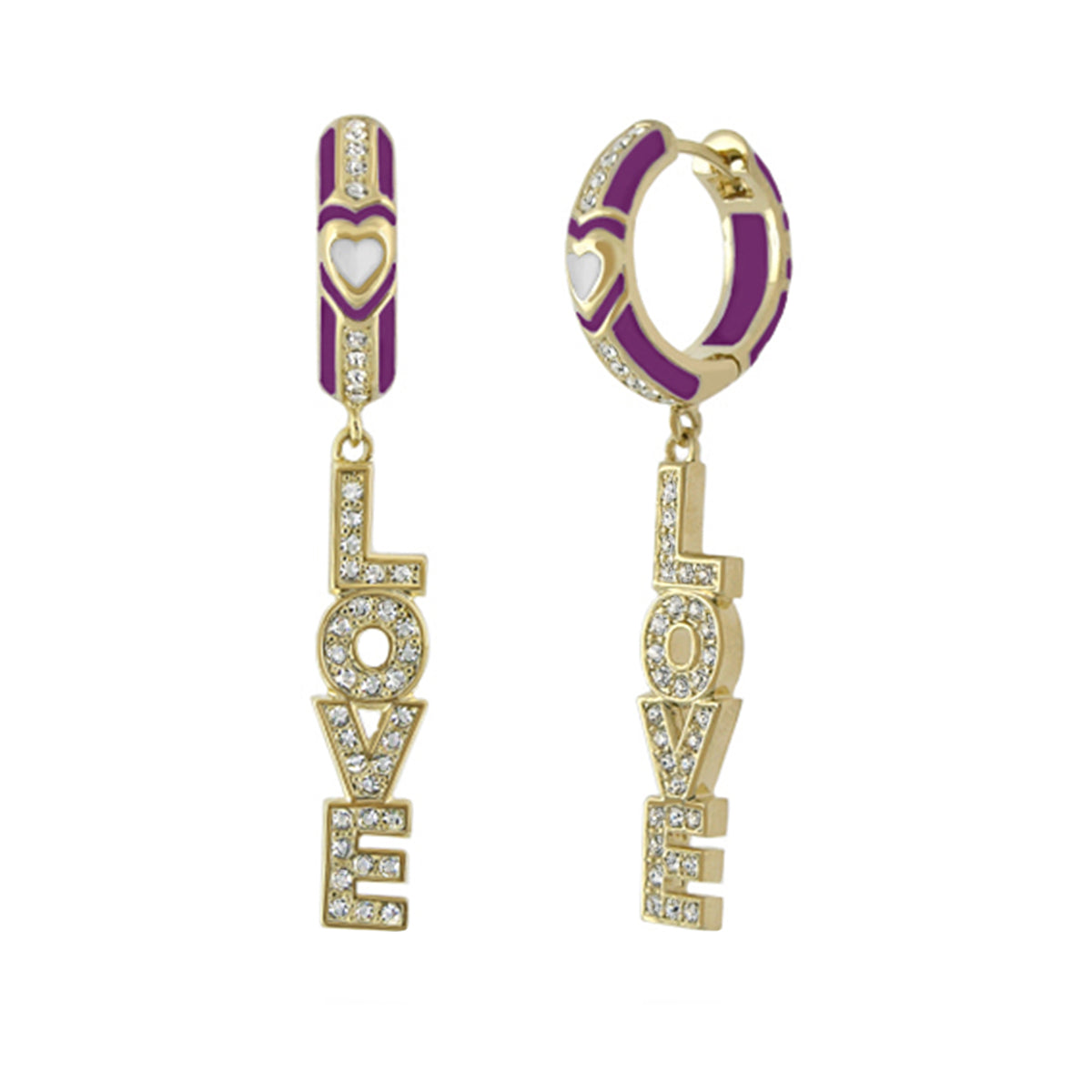 Charming 2 Earrings Love Letter Drop; gold-tone hoops with purple enamel and crystal letters on Tampa Home & Garden Store