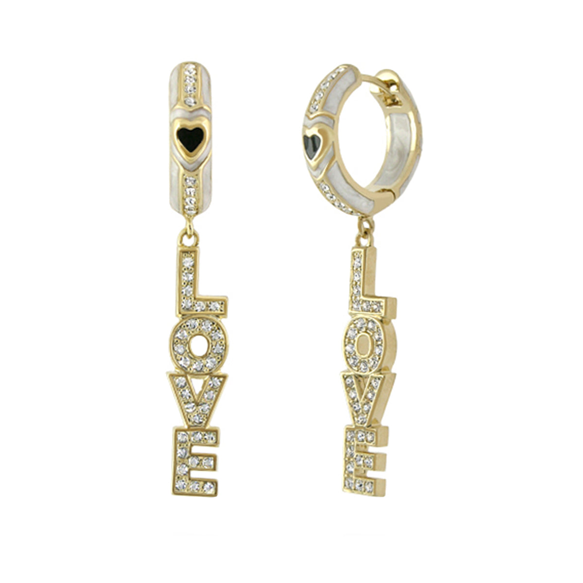 Charming 2 Earrings Love Letter Drop by Lauren G Adams goldtone hoops with diamond studded LOVE on Tampa Home & Garden Store
