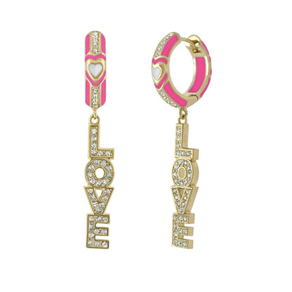 2-piece Love Letter Drop earrings by Lauren G Adams; gold-tone with pink enamel, heart charm and crystal letters on Tampa Home & Garden Store