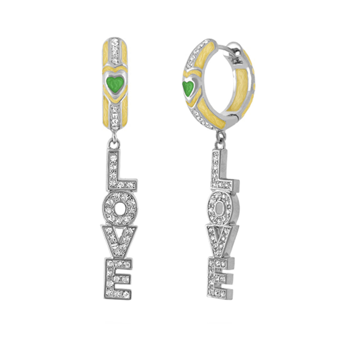 Love Letter Drop earrings by Lauren G Adams; pavé LOVE letters on silver-tone hoops on Tampa Home & Garden Store