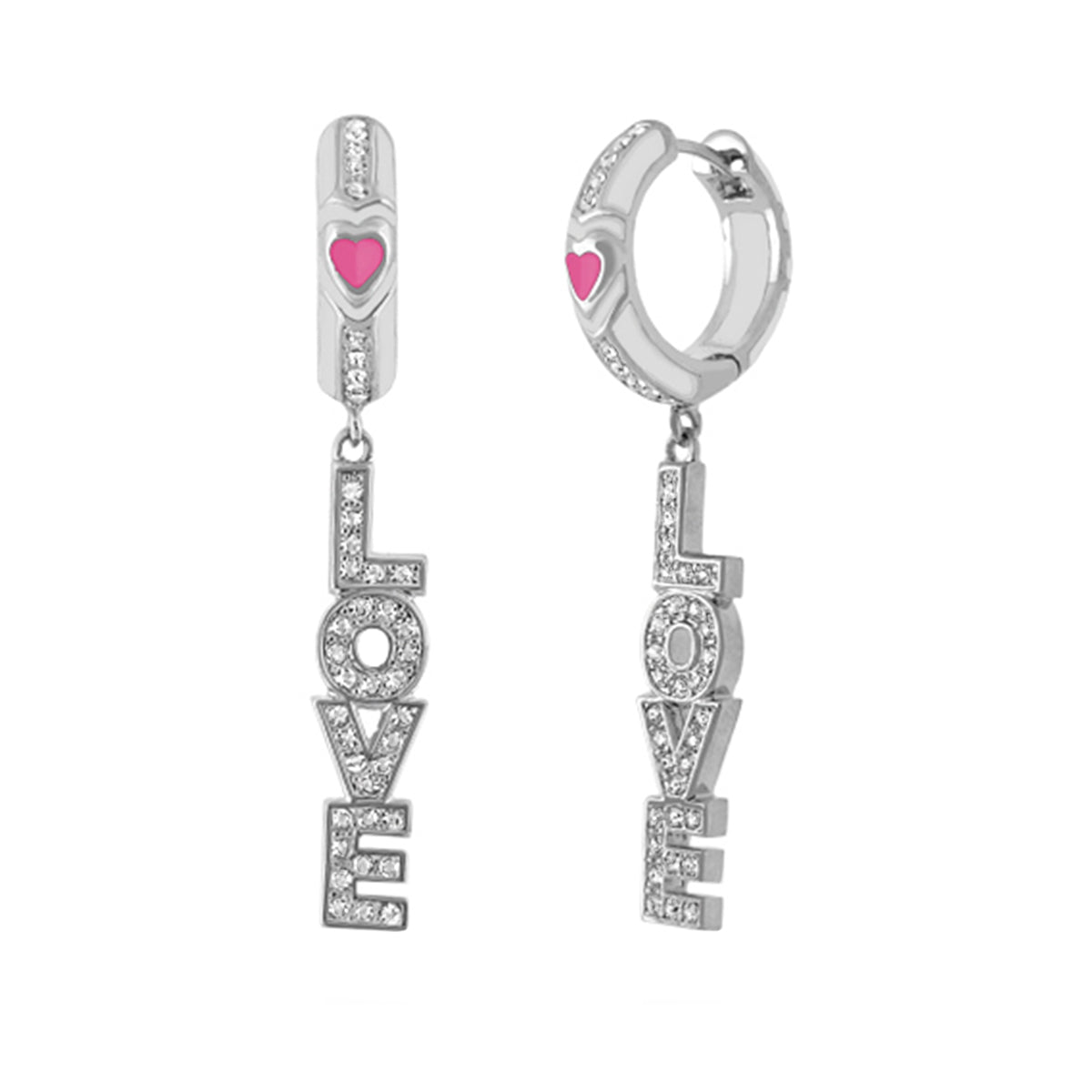 Love Letter Drop earrings by Lauren G Adams, silver with diamond letters and pink heart on Tampa Home & Garden Store